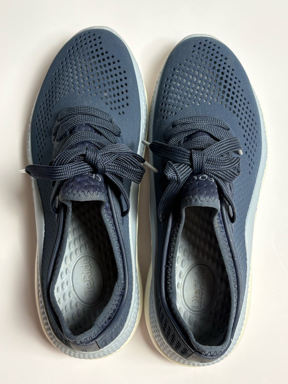 CROCS LiteRide Knit Sneakers in Navy and White